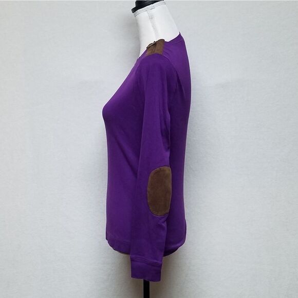RALPH Lauren Purple Brown Faux Suede Elbow Patch Shoulder Zip Long Sleeve Top - Picture 8 of 13